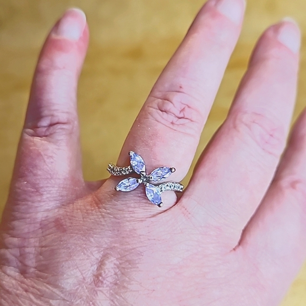 Silver Purple Butterfly Ring Marquise Lavender Rhinestone Bypass Band Size 7 - Picture 5 of 5